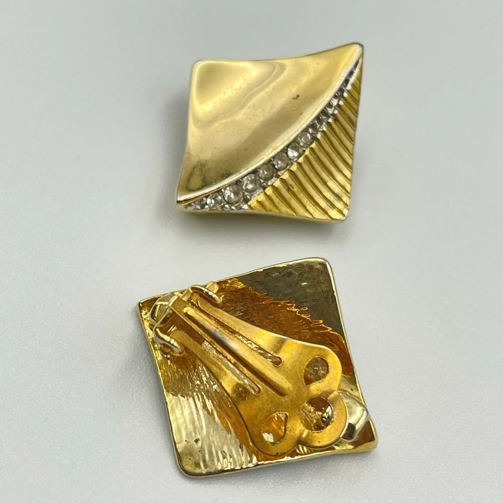 Vintage Gold Tone Square Clip On Earrings‎ Pave Rhinestone Modernist Statement